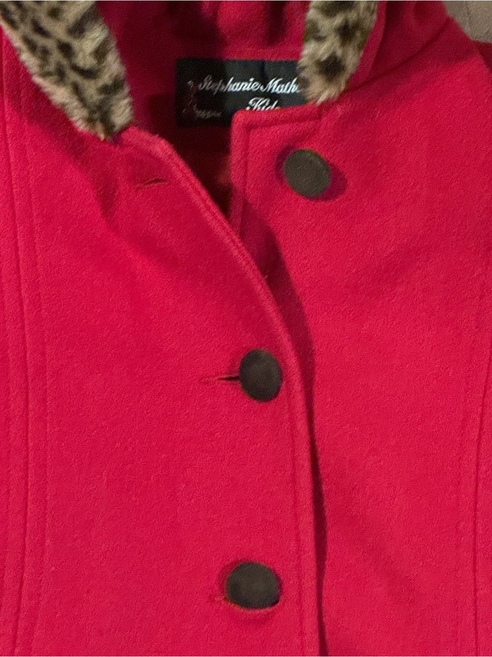 Stephanie Matthews Vintage Kids Red Wool Coat Girls 5 Leopard Trim - Picture 7 of 8